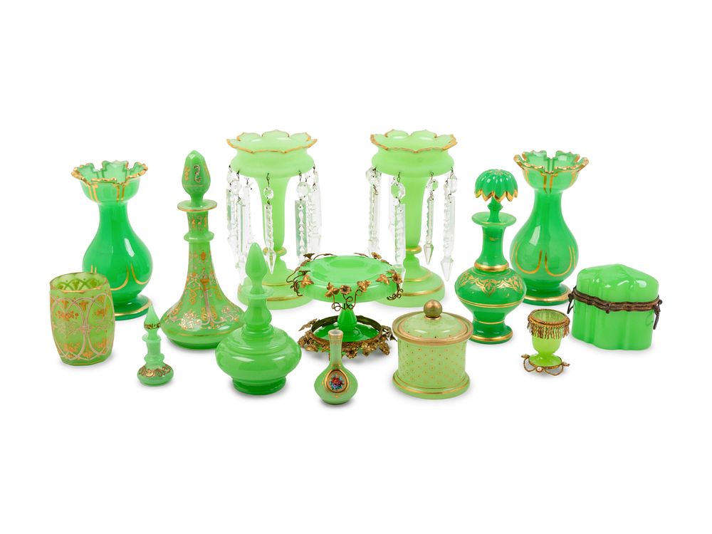 Appraisal: Fifteen Green Opaline Glass Articles Fifteen Green Opaline Glass Articles