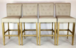 Appraisal: Set of weathered oak tufted bar stools Set of tufted