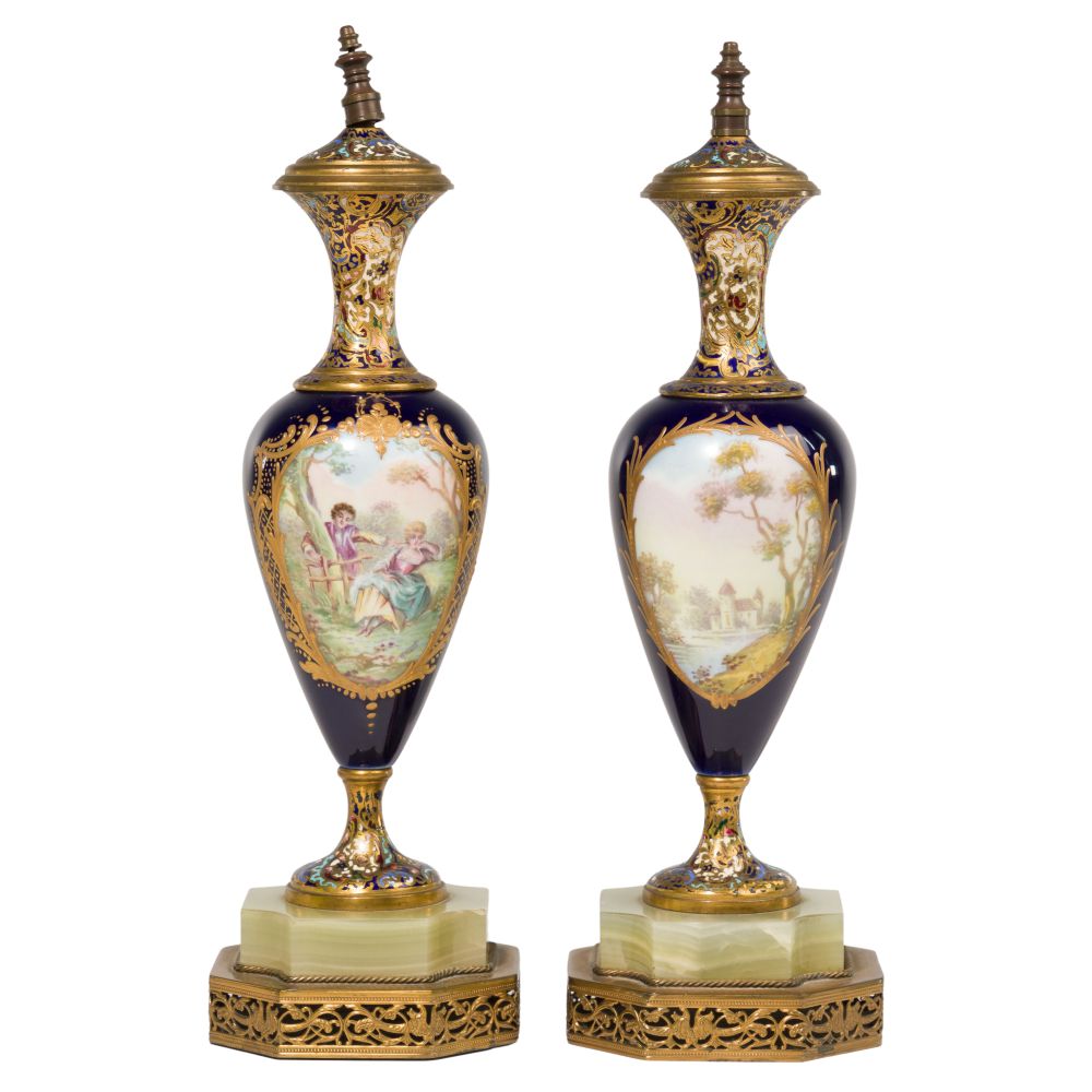 Appraisal: FRENCH HAND PAINTED PORCELAIN VASE LAMP BASESSimilar pair having blue