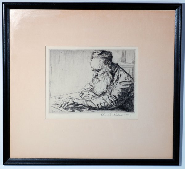 Appraisal: Engraving of elderly man playing checkers signed in print William