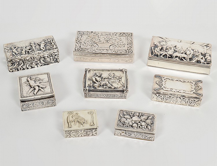 Appraisal: SEVEN CONTINENTAL SILVER SMALL BOXES th Century Most marked Rectangular