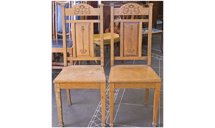 Appraisal: Pair Of Oak Hall Chairs Art Nouveau Hall Chairs With