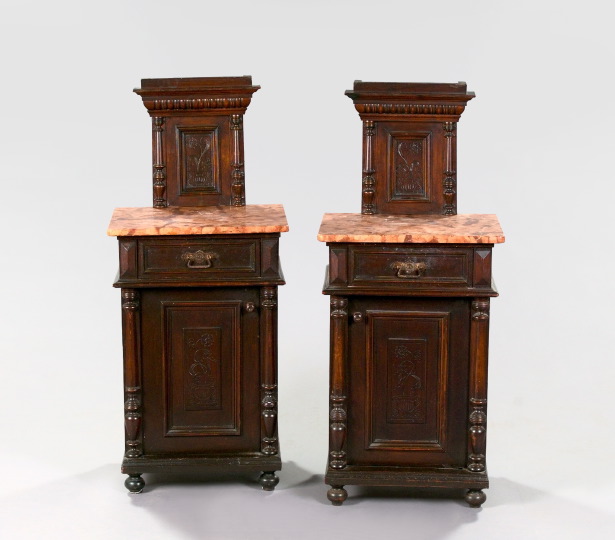 Appraisal: Pair of French Stained Fruitwood and Marble-Top Bedside Commodes fourth