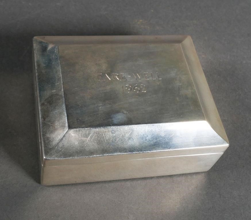 Appraisal: Sterling silver box with wood interior top engraved fare-well bottom