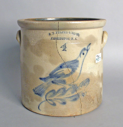 Appraisal: Four gallon stoneware crock th c with cobalt bird decoration