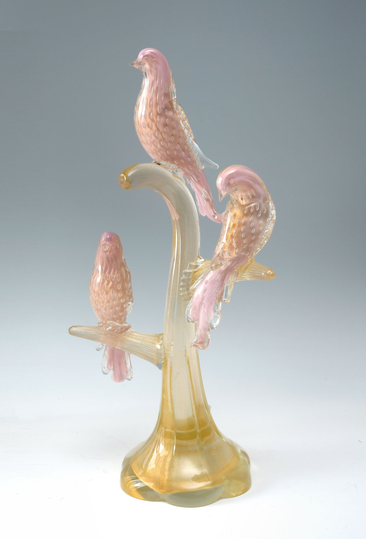 Appraisal: MURANO ART GLASS BIRD GROUPING Three pink birds with controlled