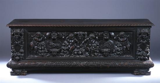 Appraisal: ITALIAN BAROQUE STYLE CARVED WALNUT CASSONE th century Heavily-carved with