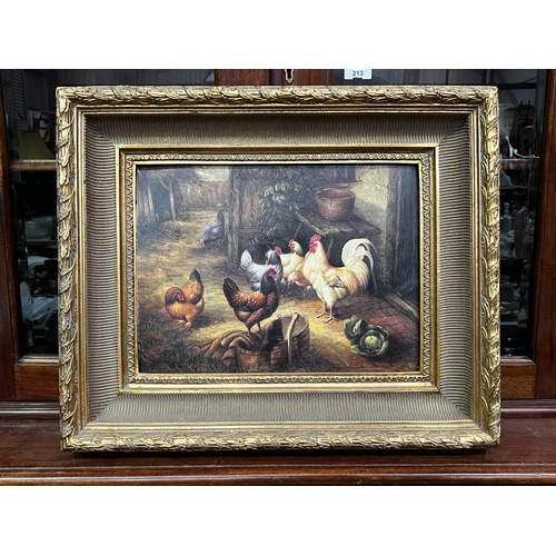 Appraisal: Oleograph of chickens in gilt frame frame approx cm x