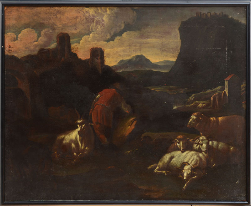 Appraisal: EUROPEAN SCHOOL FIGURES IN A LANDSCAPE WITH SHEEP Oil on