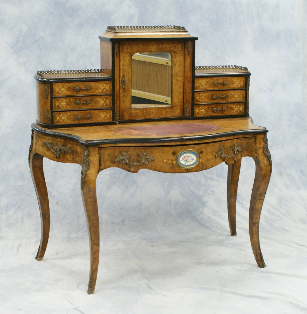 Appraisal: French Louis XV style bronze mounted inlaid burlwood ladies desk