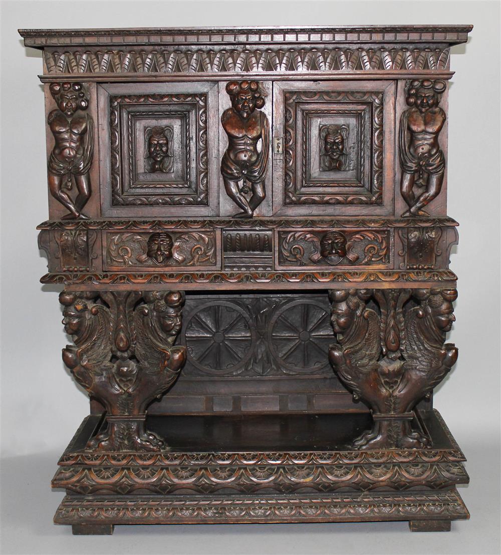 Appraisal: RENAISSANCE STYLE RELIEF CARVED WALNUT CABINET ON STAND LATE TH