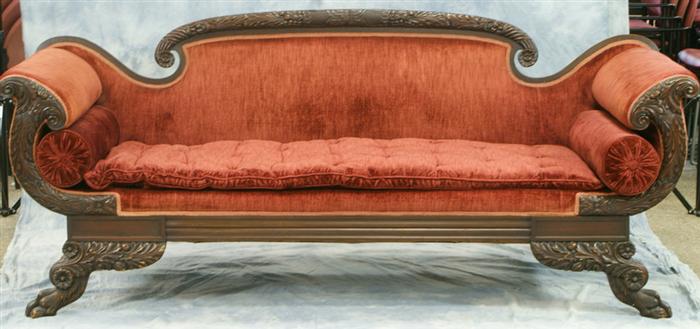 Appraisal: Carved mahogany Federal style sofa with wine colored velvet upholstery