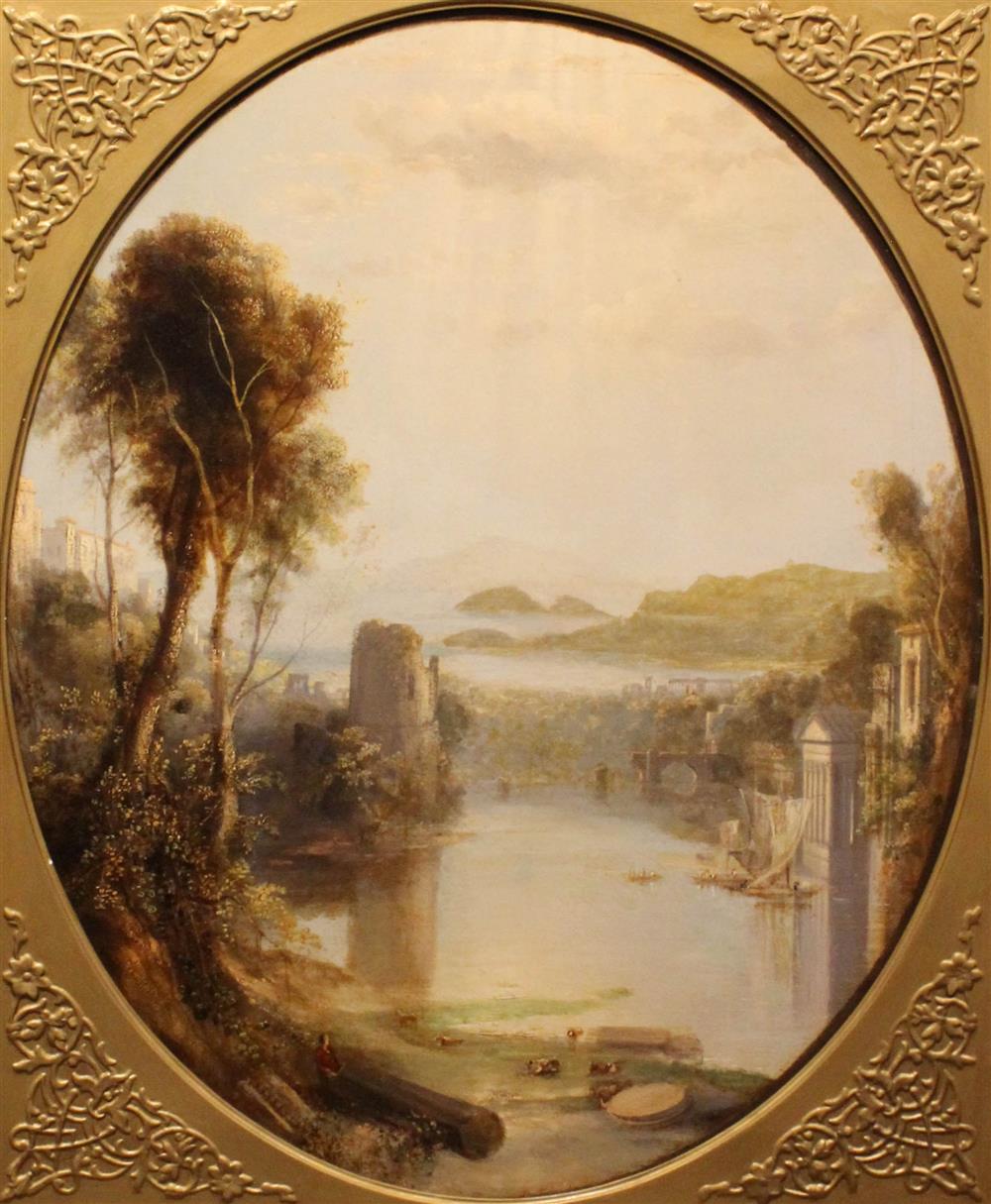 Appraisal: ENGLISH SCHOOL TH CENTURY CLASSICAL LANDSCAPE ALONG A RIVER Oil