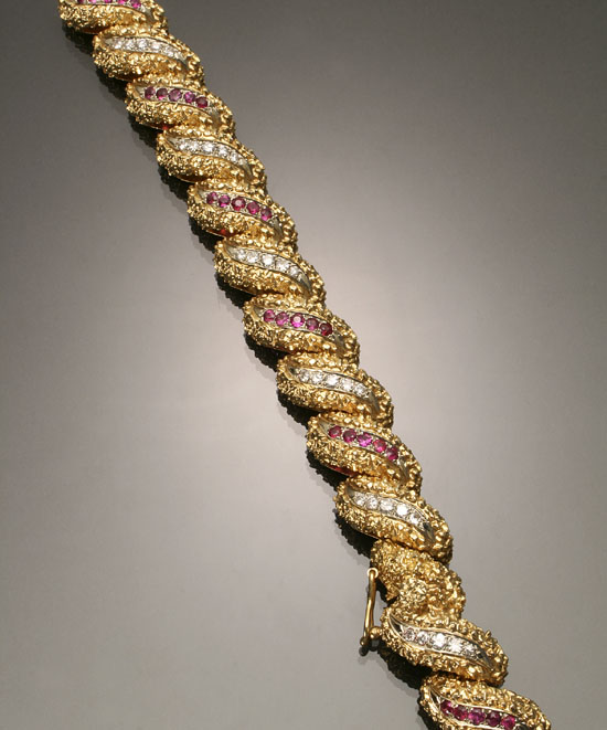 Appraisal: Tested -Karat Yellow-Gold Diamond and Ruby Bracelet The flexible mount