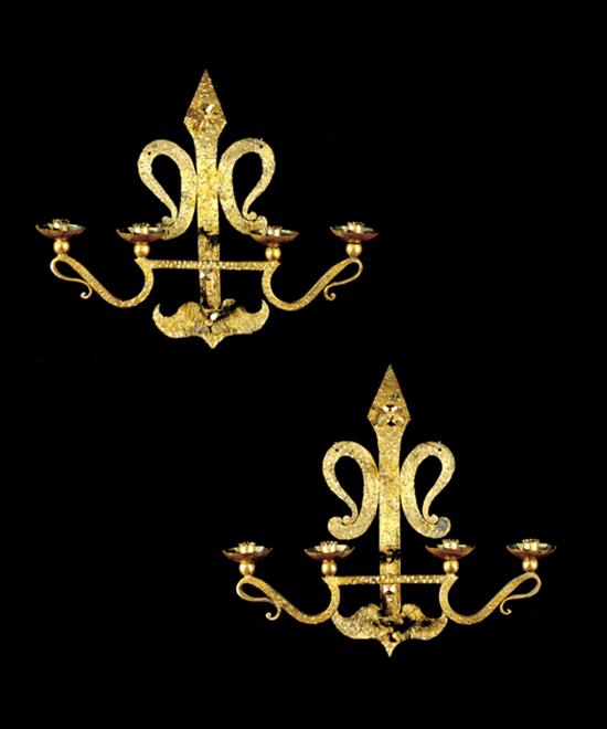 Appraisal: Pair Arts Crafts gold-painted wrought-iron wall sconces four candlearms supported