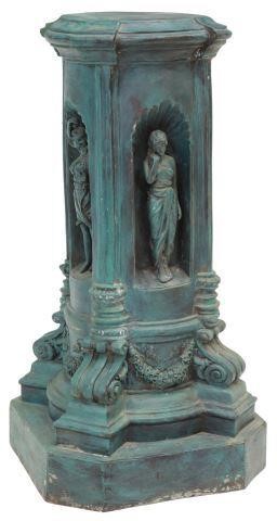 Appraisal: Architectural green-painted bronze pedestal plinth shell niches with Classical style