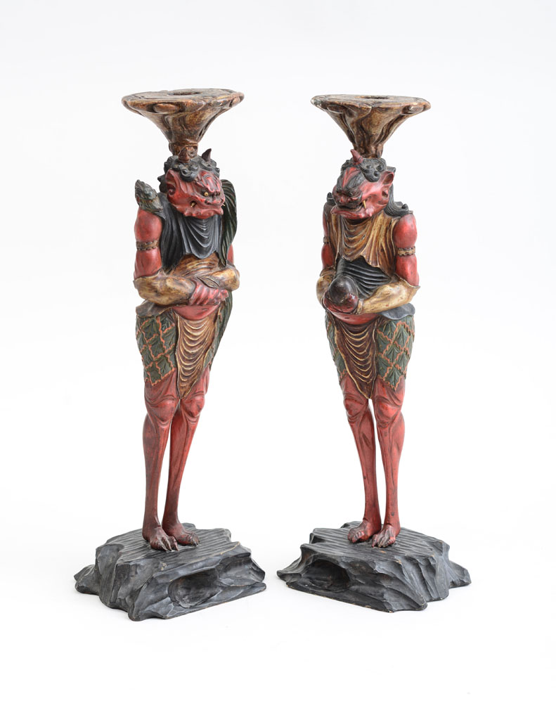 Appraisal: PAIR OF JAPANESE CARVED AND PAINTED WOOD FIGURAL CANDLESTICKS Each