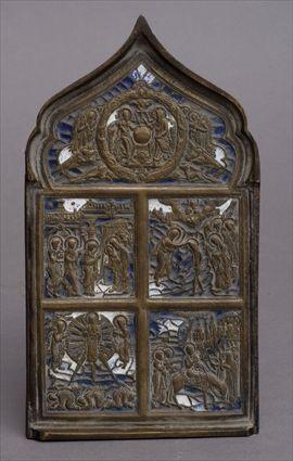 Appraisal: RUSSIAN ENAMELED BRASS ICON The front with scenes from the