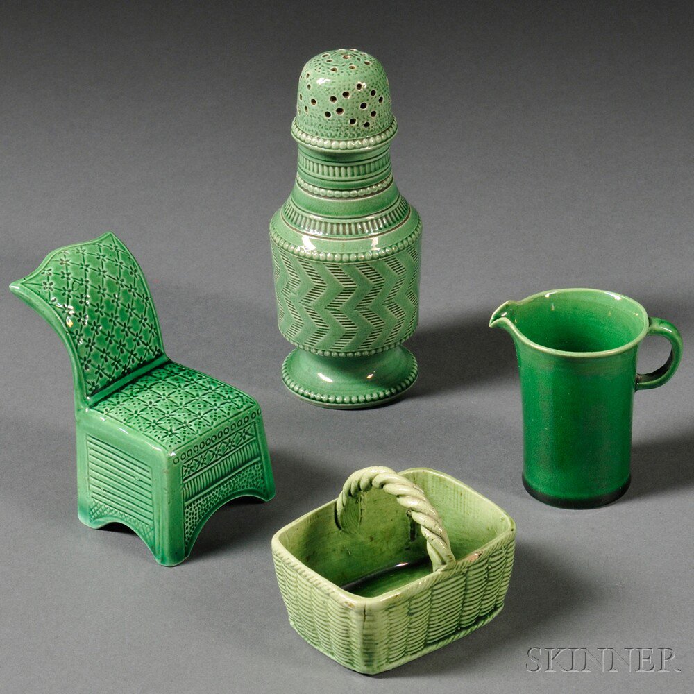 Appraisal: Four Staffordshire Cream-colored Earthenware Green Glazed Items England th century