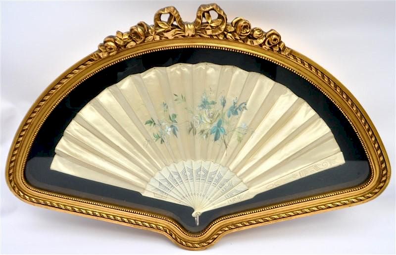 Appraisal: TH C HAND PAINTED WHITE ROSE SILK FAN FRAMED A