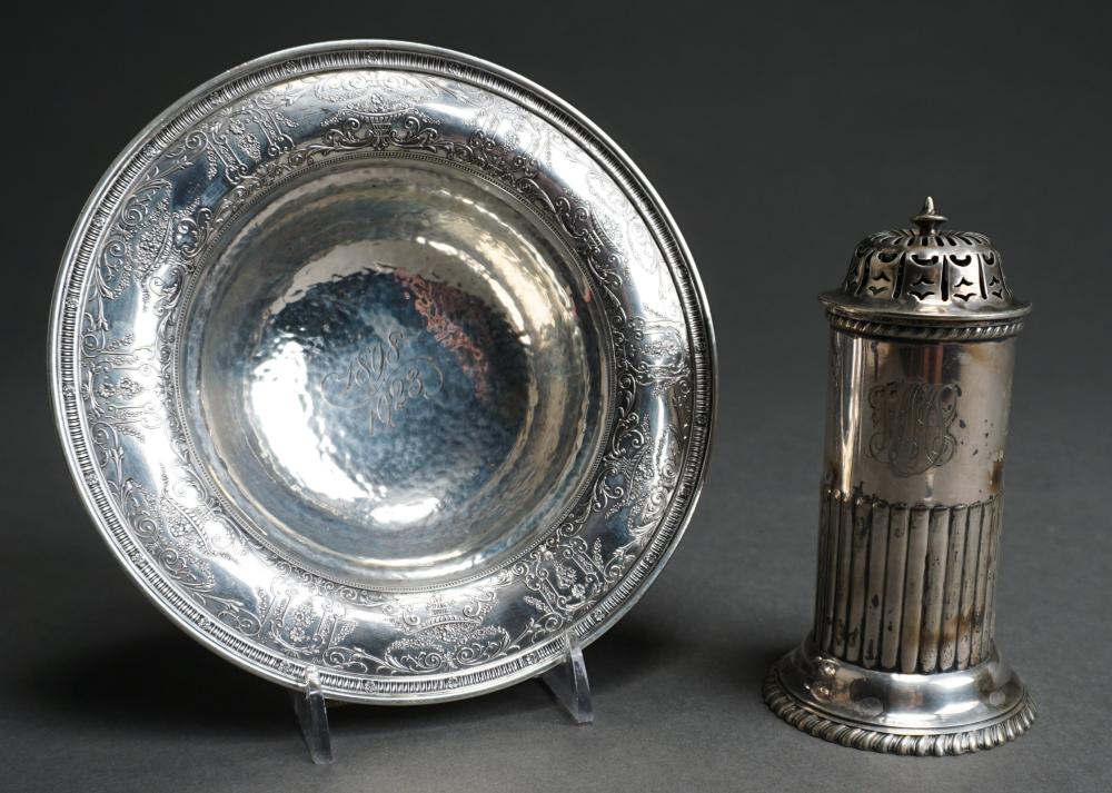 Appraisal: TIFFANY CO MAKERS SILVERPLATE MUFFINEER AND AN INTERNATIONAL STERLING HAMMERED