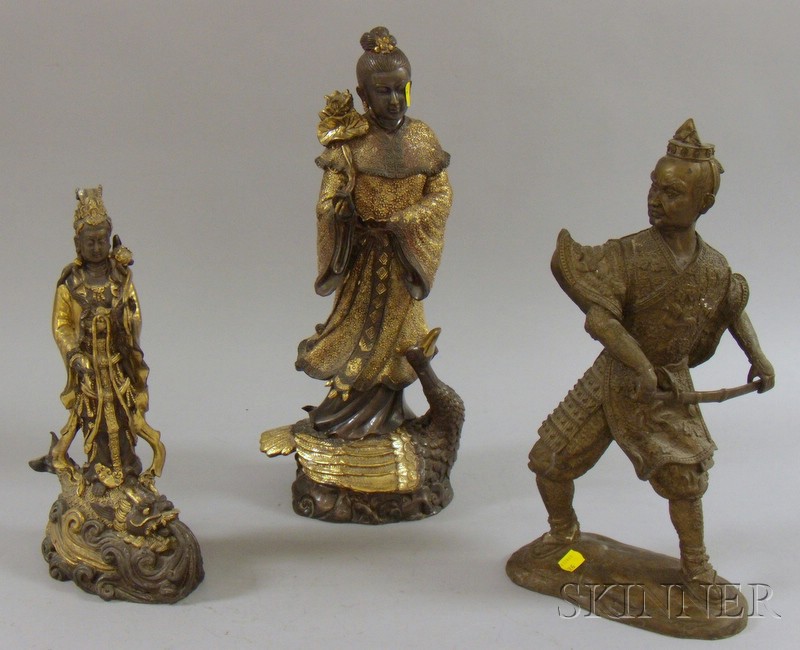 Appraisal: Two Modern Asian Gilt-bronze Kuan Yin Figures and a Bronze