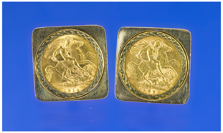 Appraisal: Pair Of Half Sovereign Gold Cufflinks Half Sovereigns Mounted In