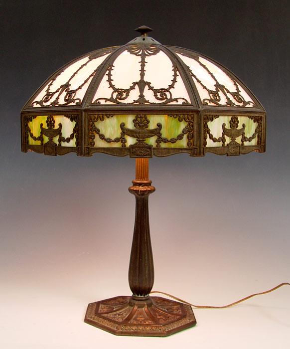 Appraisal: VINTAGE METAL OVERLAY BENT PANEL SLAG GLASS LAMP Filigree metal