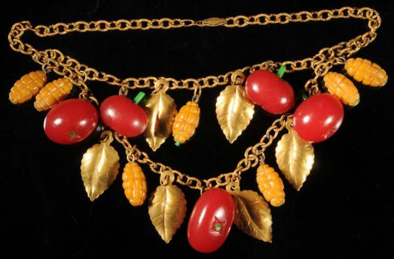 Appraisal: Bakelite Tomato Corn Necklace with Metal Leaves Description Fruits are