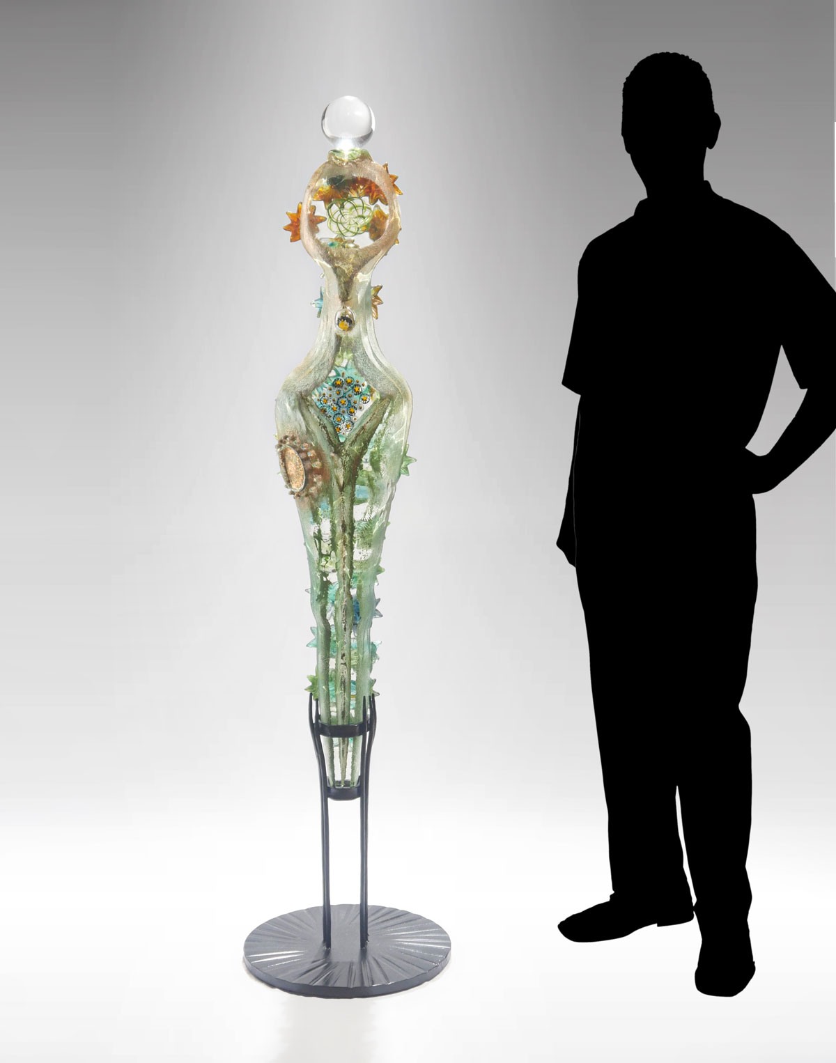 Appraisal: LARGE SUSAN GOTT GLASS SCULPTURE Figural Multi Colored Glass mounted