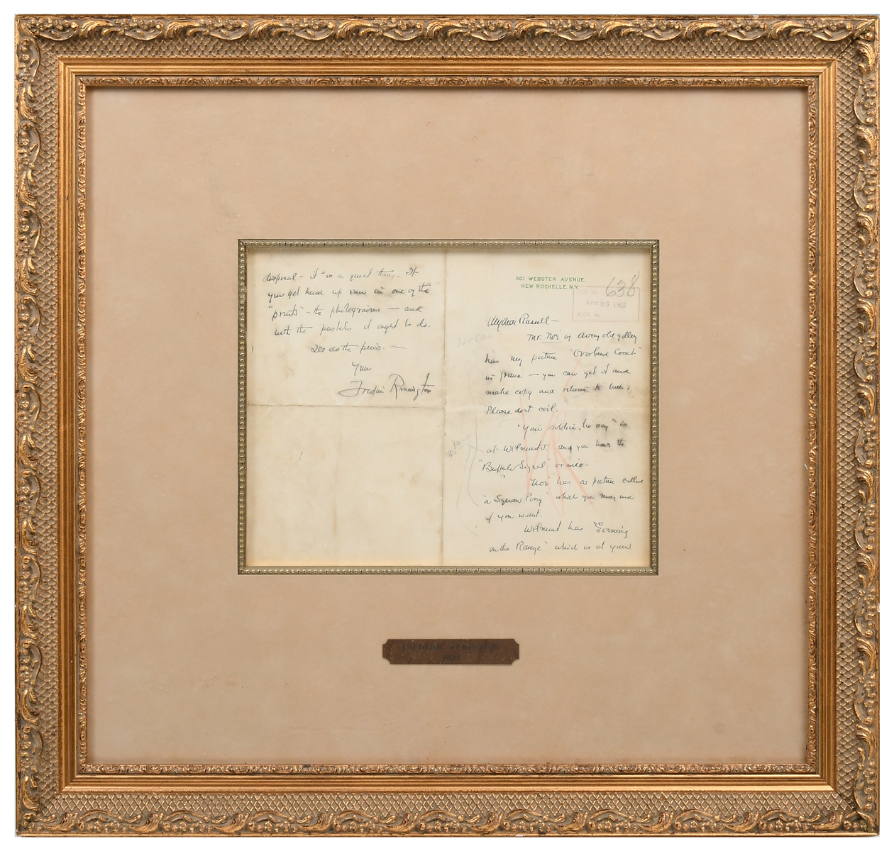 Appraisal: SIGNED AUTHENTIC FREDERICK REMINGTON LETTER Letter is to ''My Dear