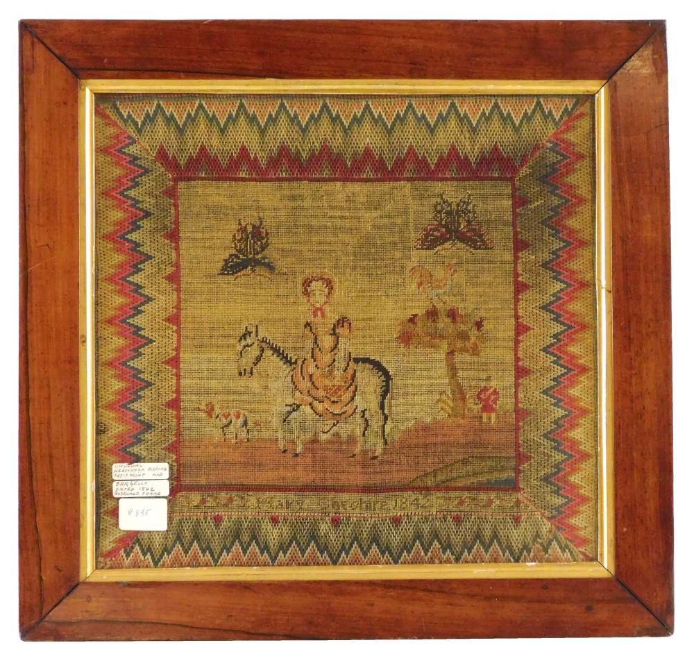 Appraisal: Needlework by Mary Cheshire woman seated sidesaddle on horseback dogs