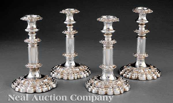 Appraisal: A Set of Four Sheffield Plate Telescopic Candlesticks elaborate acanthus