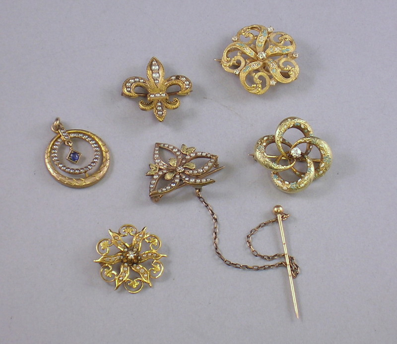 Appraisal: Six Edwardian Gold Seed Pearl and Diamond Brooches The two