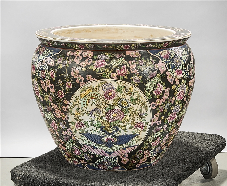 Appraisal: Chinese enameled porcelain fish bowl still life flower scenes flanked