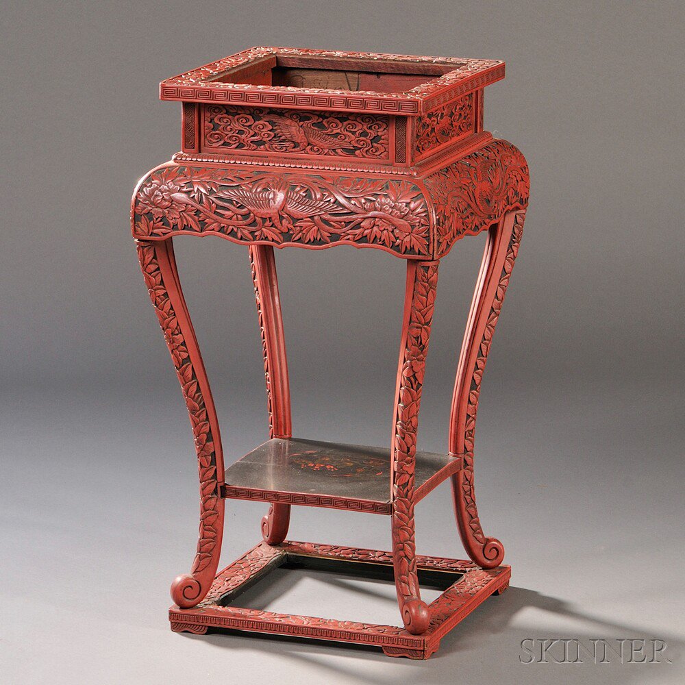 Appraisal: Red Lacquer Stand China th th century square supported by