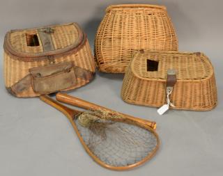 Appraisal: Five piece lot to include three wicker creels one mounted