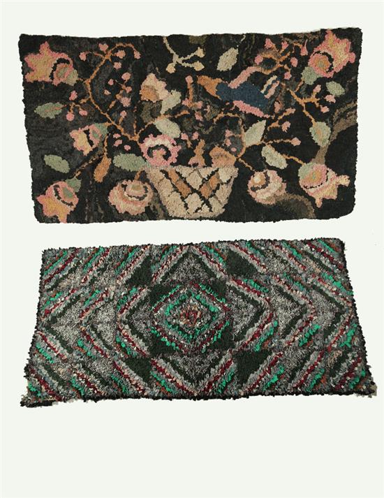 Appraisal: TWO HOOKED RUGS American st half- th century Large basket