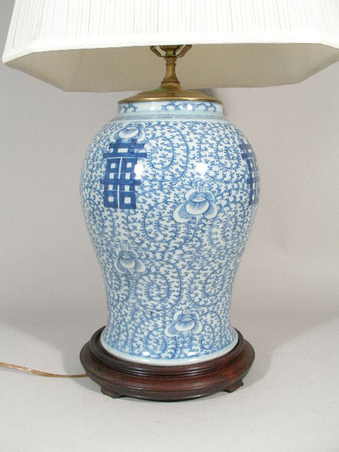 Appraisal: Chinese Blue White Temple Jar th c Double Happiness pattern