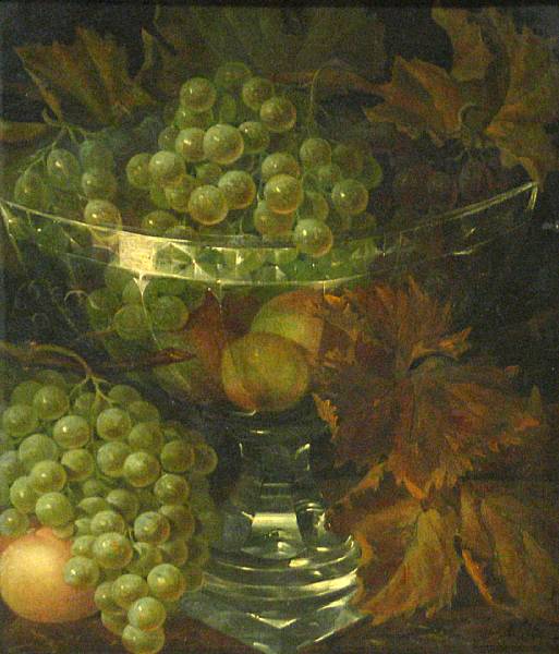 Appraisal: German School A still life with grapes and apricots in