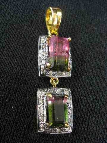 Appraisal: Watermelon Tourmaline Diamond Pendant fine emerald cut gems surrounded by