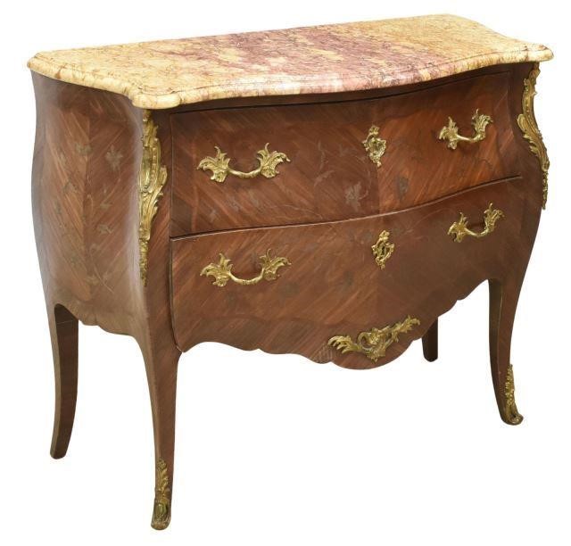 Appraisal: French Louis XV style marble-top marquetry bombe commode early th