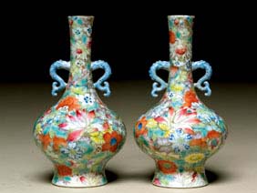 Appraisal: PAIR FAMILLE ROSE BOTTLE VASES Pair small Chinese Early Republic