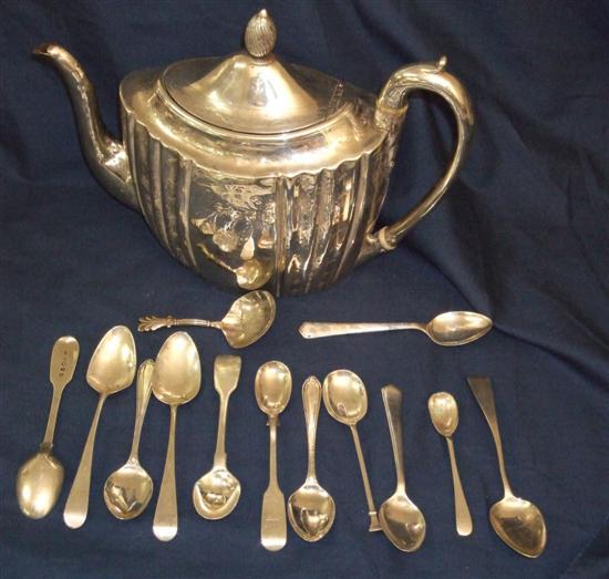 Appraisal: George III silver tea pot eleven various silver tea spoons