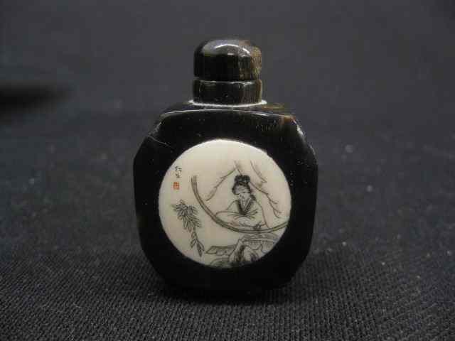 Appraisal: Chinese Carved Horn Ivory Snuff Bottle medallion scene with lady