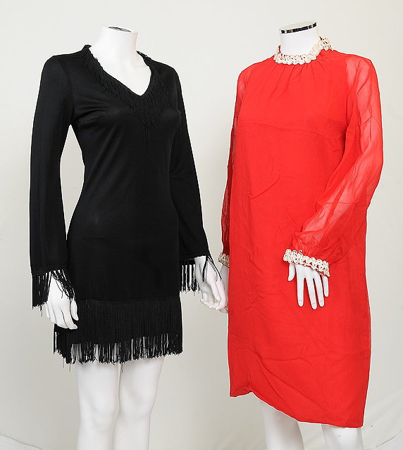 Appraisal: Two s evening mini dresses one red chiffon with white