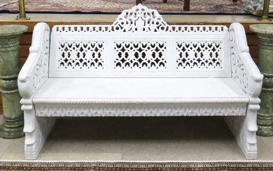 Appraisal: WHITE CARARRA MARBLE BENCH India th century hand carved four