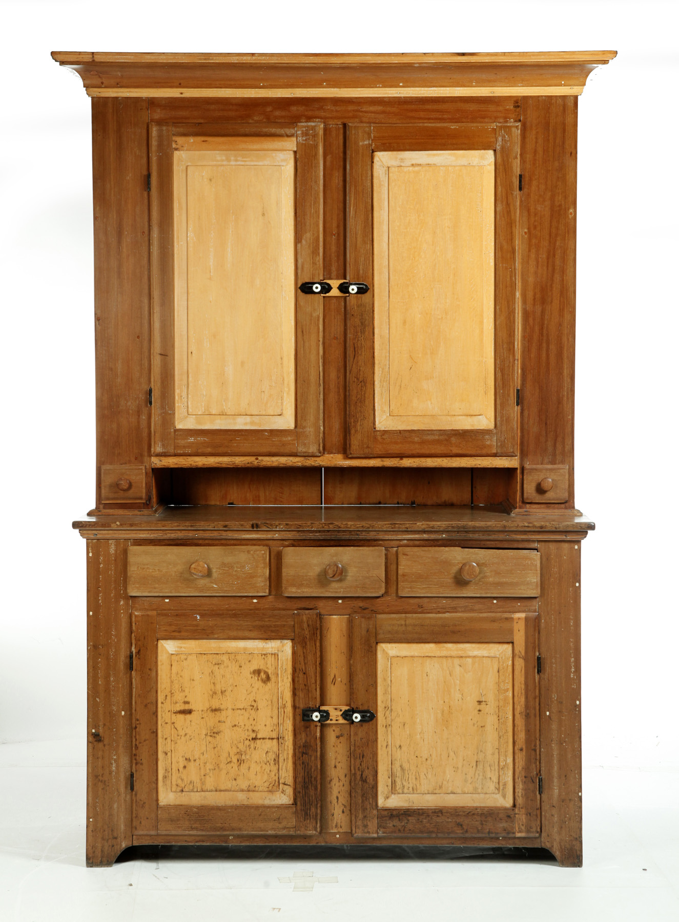 Appraisal: TWO-PIECE BLIND-DOOR STEPBACK CUPBOARD American rd quarter- th century Poplar