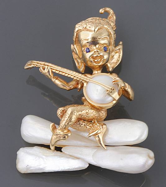 Appraisal: A wing pearl and k gold cherub brooch signed Ruser