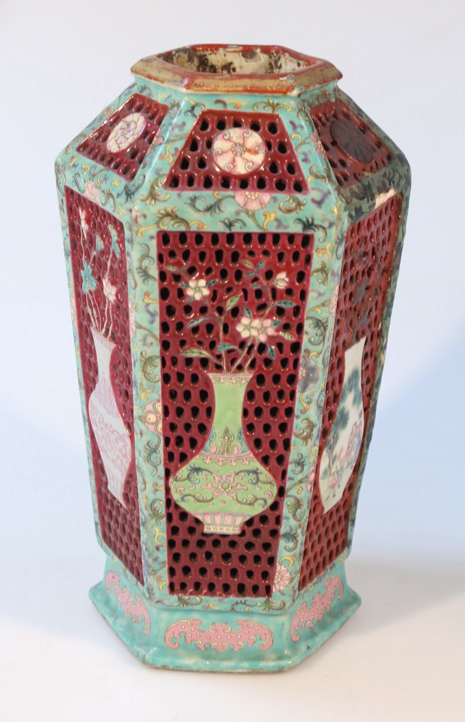 Appraisal: A Chinese porcelain and enamel vase the hexagonal body painted